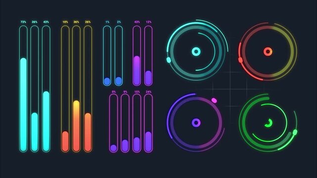 Futuristic HUD UI elements set with colorful neon progress bars and circular loading indicators on dark background.