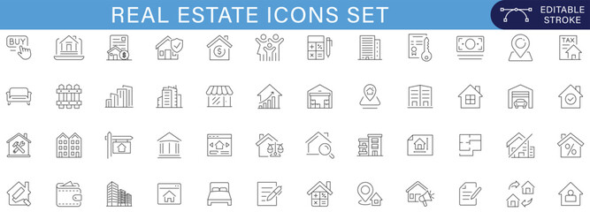 Real estate icons set with property, house, rent, buy, mortgage, construction, building, home services, outline vector collection for web, app, UI, infographic and business design editable stroke. © Loosiniiii