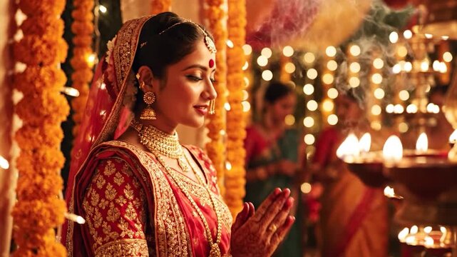 Indian woman in traditional attire celebrating Diwali with lit diyas and flowers.