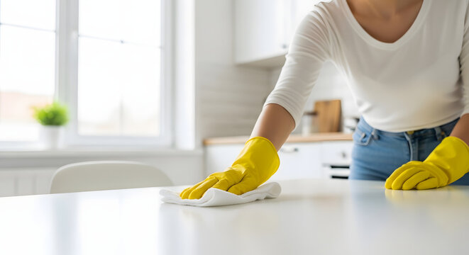Woman cleaning kitchen counter with yellow gloves and white cloth Generated AI