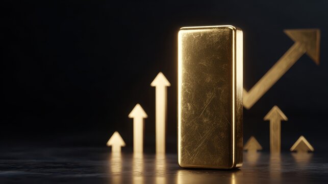 Gold bar investment with rising financial growth arrows on dark surface