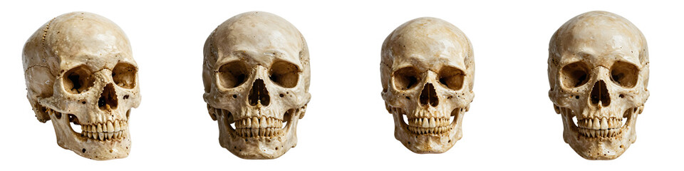 Fototapeta premium Four human skulls in different positions display the anatomy of the cranium