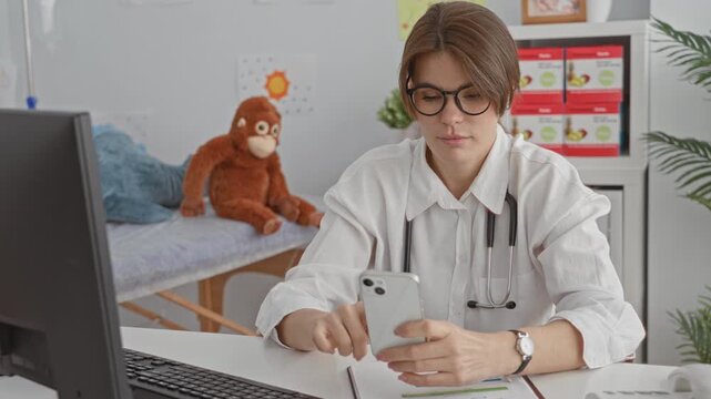 Young woman doctor with stethoscope tapping smartphone at desk in building, computer monitor and pediatric exam bed with stuffed monkey visible; calm caring professionalism.