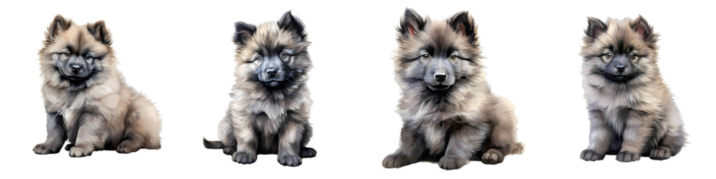 Four adorable keeshond puppies sit against a stark black background in a watercolor style