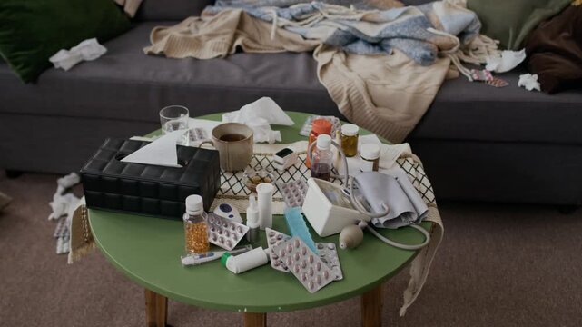 High-angle shot of table by couch at home of woman with flu or seasonal cold, containing medications, pills, supplements, box of tissue, blood pressure monitor, thermometer, nose spray, cup of hot tea