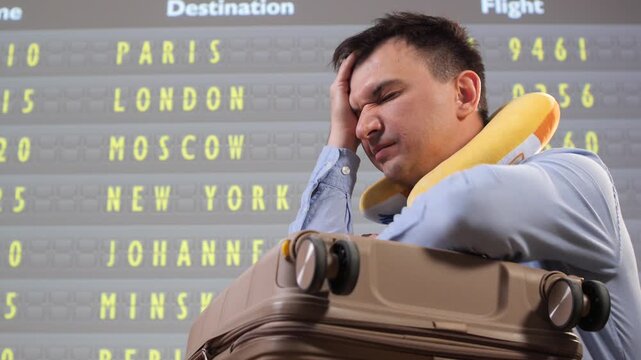 Man wearing a neck pillow asleep on his suitcase in a busy airport terminal, head bowed and eyes closed while facing a departure board during a long layover or delay