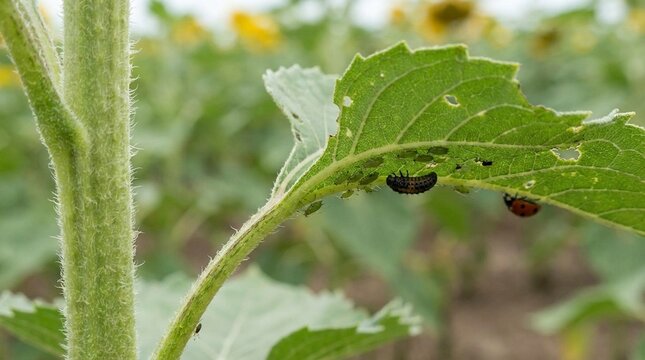 Close view of a green leaf with small caterpillars feeding on the underside, set in a garden field with soft background blur, mood suggests natural pest activity