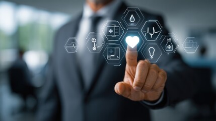 Fototapeta premium Businessman clicking on a heart with pulse icon on digital screen. Man selecting choices, communication and analytics icons