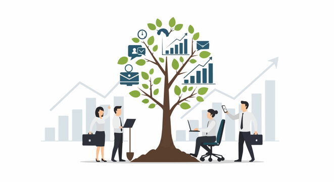 Business growth tree vector illustration with people planting and analyzing charts, symbolizing financial success and investment.