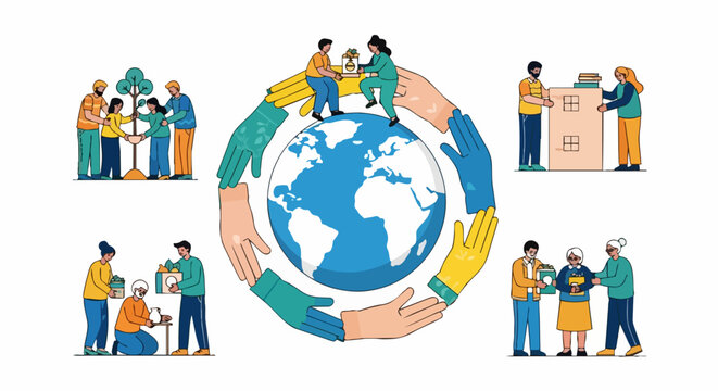 Global community support vector illustration showing diverse people helping each other around the earth. Global community support concept for unity and cooperation.