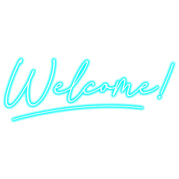 Neon blue Welcome text glowing cursive lettering for greeting and invitation isolated on a white background