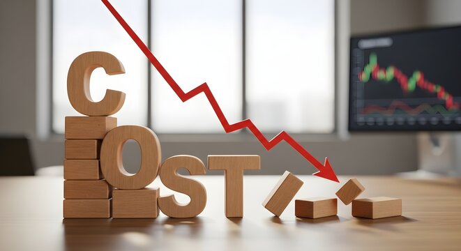 Cost reduction concept with wooden blocks and red falling arrow indicator.