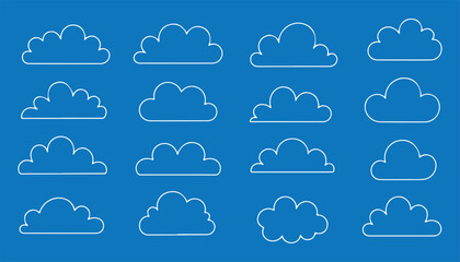 Obraz premium Collection of cloud silhouettes in various shapes, black fluffy sky elements set, minimal vector illustration isolated