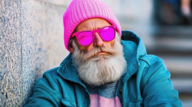 Elderly caucasian man with pink beanie and sunglasses sitting outdoors