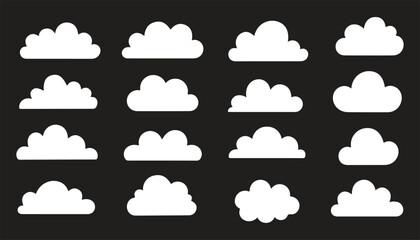 Obraz premium Collection of cloud silhouettes in various shapes, black fluffy sky elements set, minimal vector illustration isolated