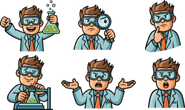 Scientist illustrations set demonstrating various reactions and expressions