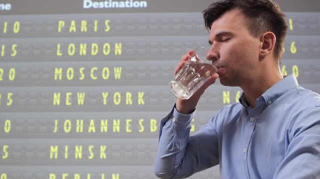 Man preparing to take a pill with a glass of water, managing travel anxiety or jet lag against the backdrop of an airport departure board showing various international destinations