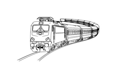 Passenger train engine leading cars into curve vector illustration railway transport isolated on white background © MdRabbi