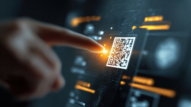 Hand pointing at glowing qr code on futuristic touchscreen