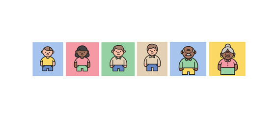 Obraz premium Diverse characters in flat style on colorful backgrounds