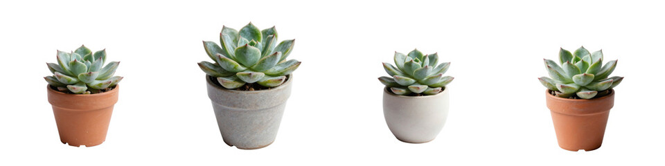 Fototapeta premium Four potted echeveria succulents create a minimalist indoor garden arrangement