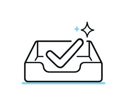 Zero inbox workflow and email management efficiency for busy professionals, a minimal inbox tray with a single checkmark and a small spark symbolizing cleared tasks,