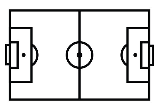 A simple black and white illustration depicts a top down view of a standard soccer or football field layout outline