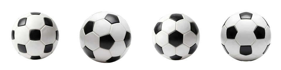 Fototapeta premium Four soccer balls are arranged in a row against a black background