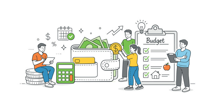 Financial literacy personal budgeting concept illustrating people organizing expenses and tracking income to improve financial stability in daily life, using a wallet and