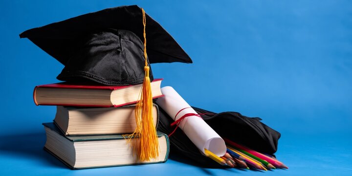 Graduation Cap Sits on Books With Diploma and Colorful Pencils in Studio Setting