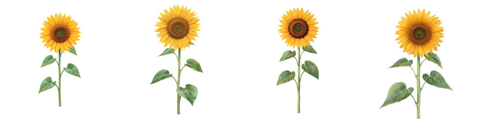 Fototapeta premium Four sunflowers in full bloom with stems and leaves isolated on black background