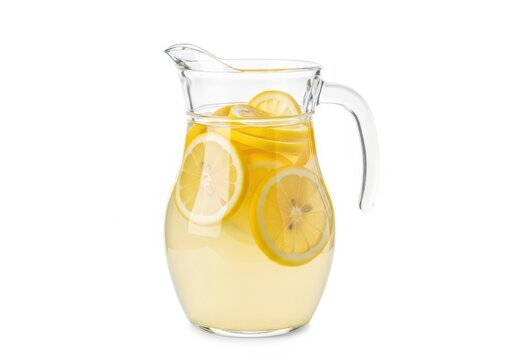 Glass pitcher of fresh lemonade with lemon slices isolated on white background