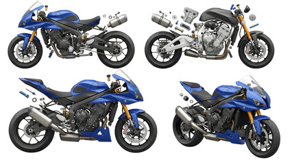 Obraz premium High Performance Realistic Color Sport Motorcycle Exploded View Technical CAD Blueprint with Separated Engine Parts Mechanical Diagram