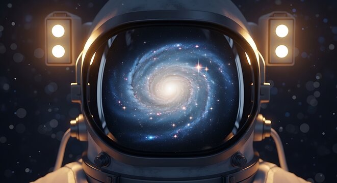 An astronaut's helmet reflects a swirling galaxy against a bokeh background, lit by lights