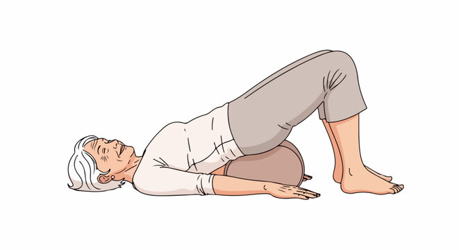 Senior woman performing bridge pose exercise with bolster support, vector illustration for fitness and wellness.
