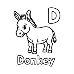 Obraz premium Donkey Coloring Page with Letter D – Cute Cartoon Donkey Line Art Printable for Kids Alphabet Coloring Sheet