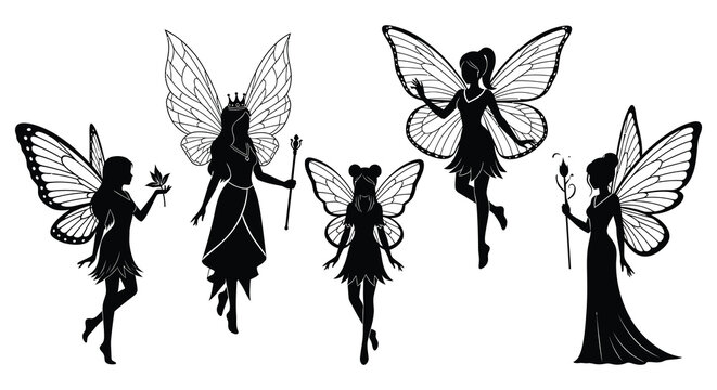 A collection of five delicate fairy figures each with intricate wings and details presented as a silhouette high quality professional detailed