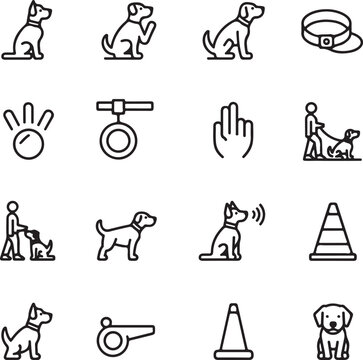 Dog training icons and symbols set outline vector