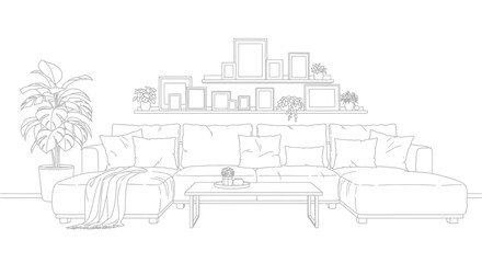 Obraz premium A minimalist line drawing depicts a modern living room setup with a sectional sofa and wall decor