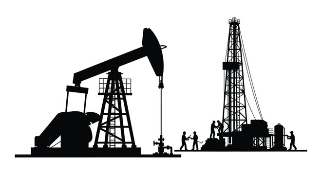 A stark black silhouette depicts an oil pump and drilling rig with workers representing energy extraction silhouette high quality professional detailed