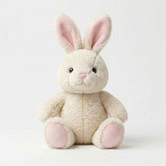 Fototapeta premium Adorable fluffy bunny toy with stuffed animal toy rabbit bunny plush easter bunny pink ears pink feet plain background animale di pezza giocattoli per bambini adorable playtime decoration