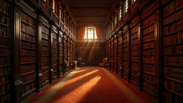 Majestic classical library interior featuring towering dark wood bookshelves packed with antique books, dramatically lit by sunbeams streaming through an ornate window.