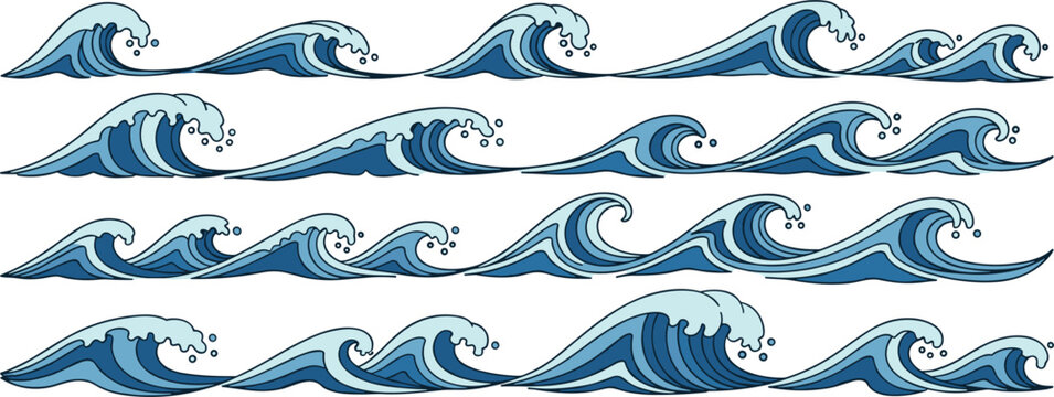 Blue Ocean Wave Vector Set Featuring Various Tidal Surges Cresting Surf And Rolling Sea Water Elements For Marine Nature Abstract Backgrounds And Coastal Graphic Designs