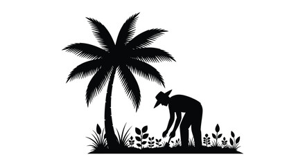 A striking black silhouette depicts a farmer working near a palm tree set against a bright white background silhouette high quality © GDSneha02