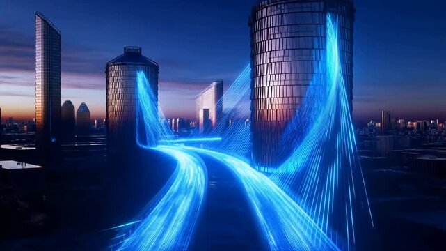 Futuristic digital cityscape at twilight with glowing blue data bridge connecting modern towers, symbolizing high-tech connectivity and dynamic energy flow, video footage