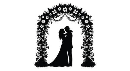 A romantic couple embraces beneath a floral archway a striking black depiction of love and commitment silhouette high quality professional detailed © GDSneha02