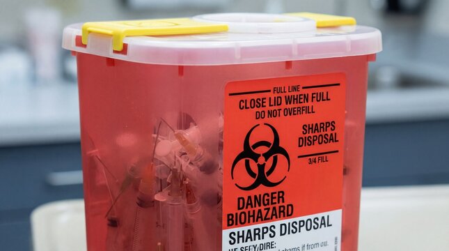 Biohazard sharps container with medical waste in clinical setting