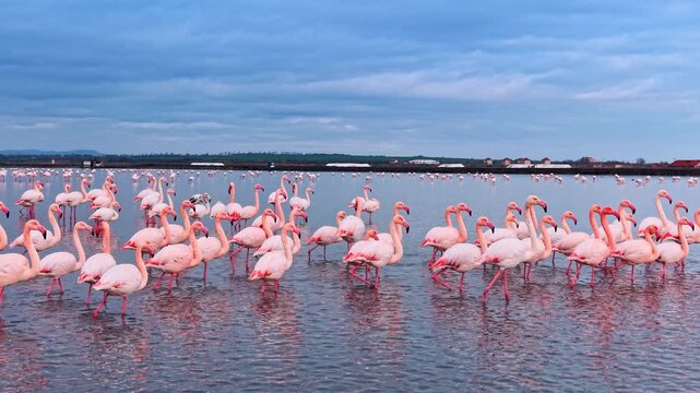 Flock of beautiful pink flamingo walking in the river. Gorgeous birds against cloudy sky.