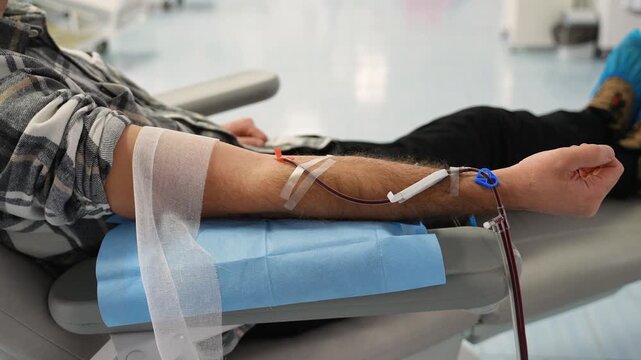 Male patient donating blood in a hospital donation center