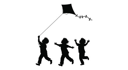 A group of children joyfully playing with a flying kite against a bright white background a striking silhouette high quality © GDSneha02